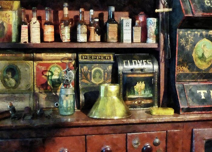 General Store Greeting Card featuring the photograph Brass Funnel and Spices by Susan Savad