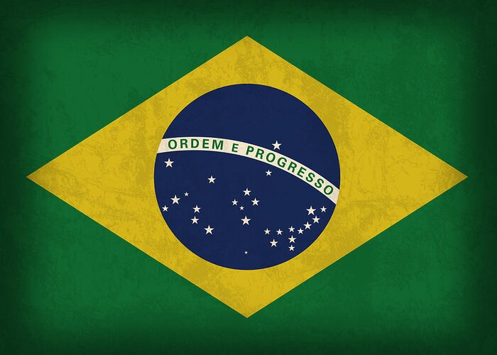 Brazil Flag Greeting Card featuring the mixed media Brazil Flag Vintage Distressed Finish by Design Turnpike