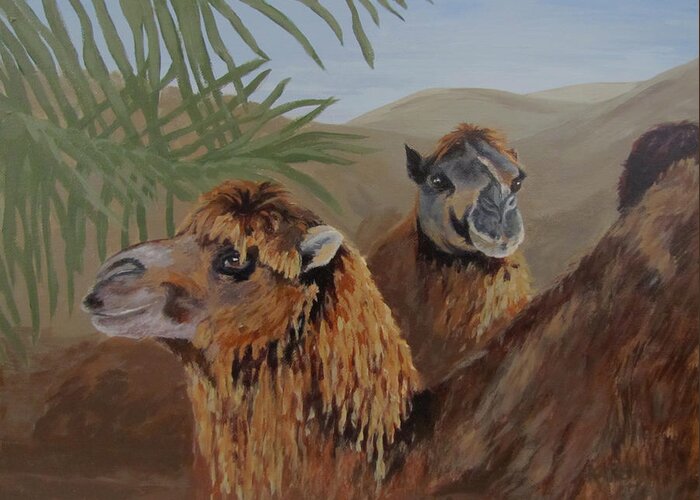 Camels Greeting Card featuring the painting Break Time by Karen Ilari