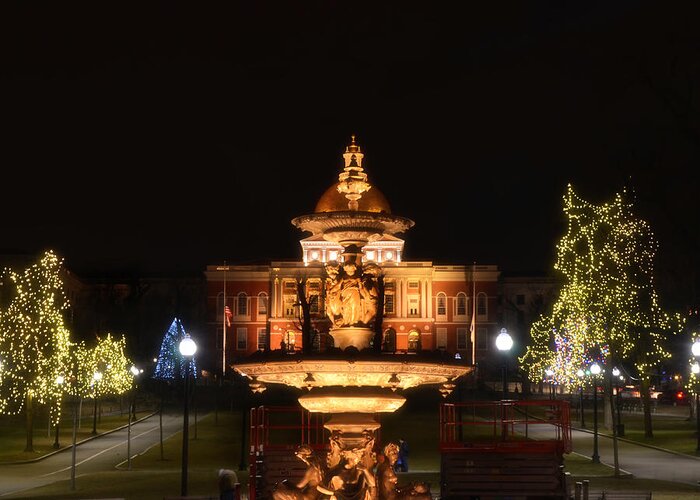 Massachusetts State House Greeting Card featuring the photograph Brewer Fountain and The State House 2 - Boston by Joann Vitali