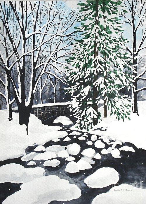Bridge Greeting Card featuring the painting Bridge and Creek - Mill Creek Park by Laurie Anderson