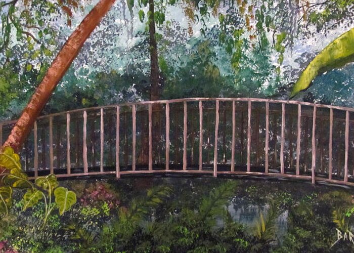 Forest Greeting Card featuring the painting Bridge in the Garden by Gloria E Barreto-Rodriguez
