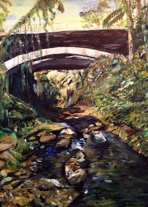 Bridge Greeting Card featuring the painting Bridge over Calm Waters by Belinda Low