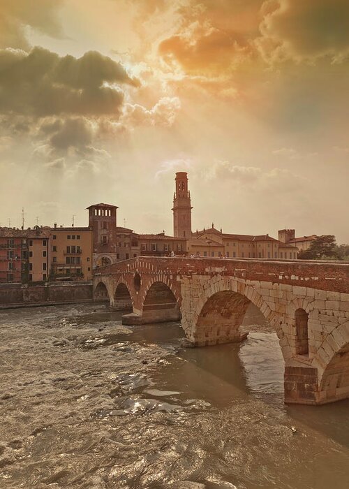 Tranquility Greeting Card featuring the photograph Bridge Over River Adige. Verona by Buena Vista Images