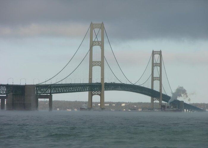 Mackinac Bridge Greeting Card featuring the photograph Bridge With Haze by Keith Stokes