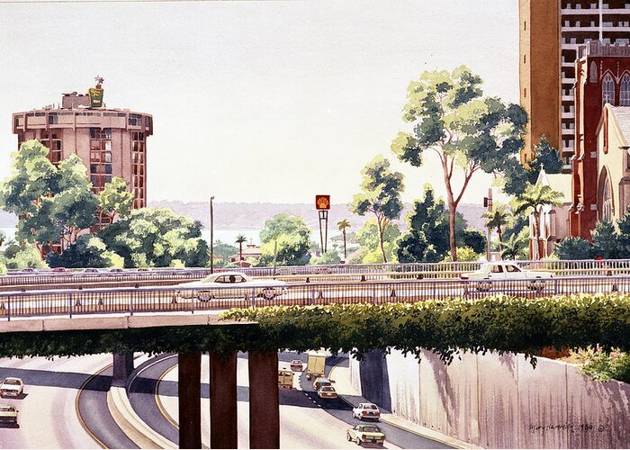San Diego Greeting Card featuring the painting Bridges over Rt 5 Downtown San Diego by Mary Helmreich