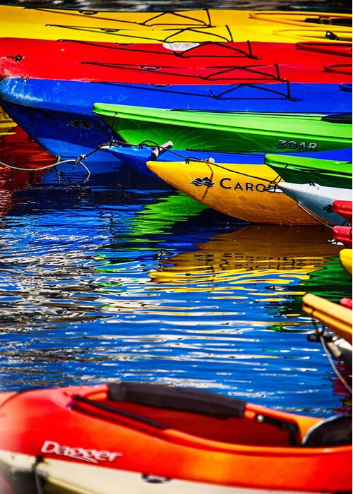 New England Coastline Greeting Card featuring the photograph Bright Kayak Reflections by Jeff Folger