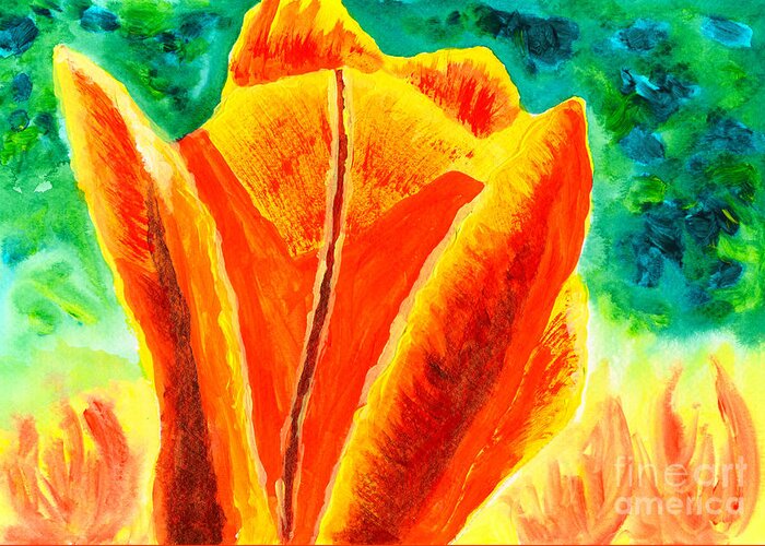 Tulip Greeting Card featuring the painting Bright Yellow Orange Tulip Acrylic Painting by Beverly Claire Kaiya