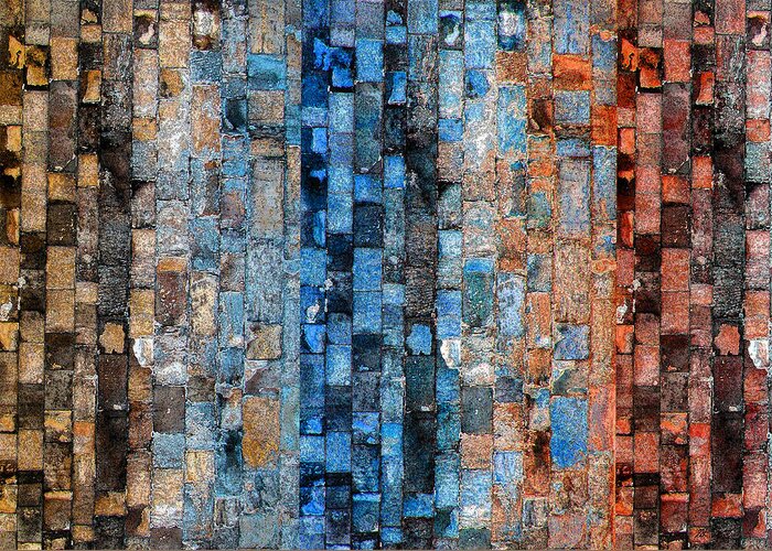 Bricks Greeting Card featuring the digital art Bronze Blue Wall by Stephanie Grant