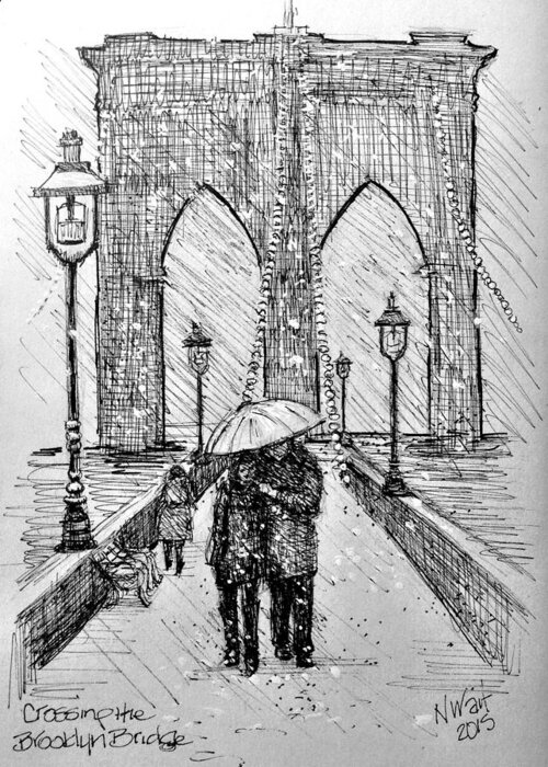 Pen And Ink Greeting Card featuring the painting Brooklyn Bridge in the Snow by Nancy Wait