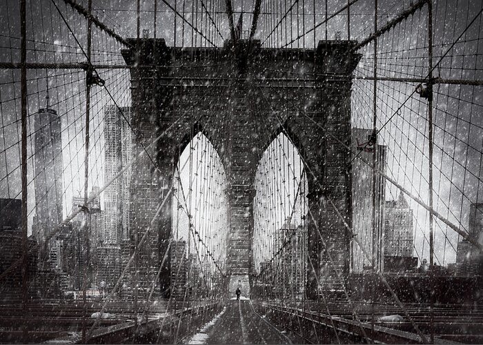 Brooklyn Greeting Card featuring the photograph Brooklyn Bridge Snow Day by Chris Lord