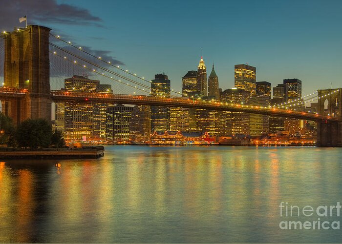 Clarence Holmes Greeting Card featuring the photograph Brooklyn Bridge Twilight by Clarence Holmes