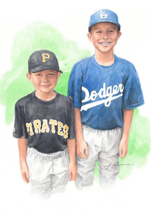 <a Href=http://miketheuer.com Target =_blank>www.miketheuer.com</a> Brothers In Baseball Watercolor Portrait Mike Theuer Greeting Card featuring the painting Brothers In Baseball Watercolor Portrait by Mike Theuer