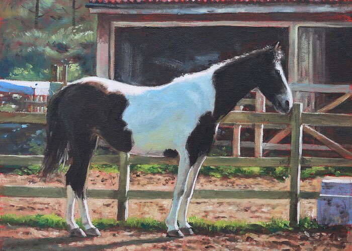 Horse Greeting Card featuring the painting Brown and White Horse by Stable by Martin Davey