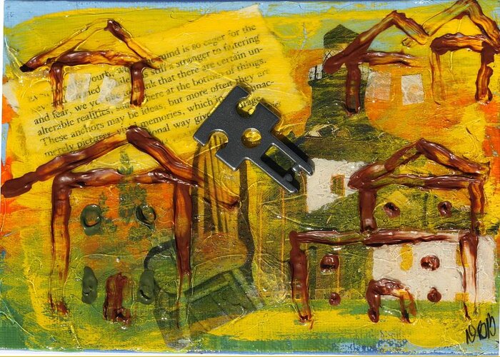 House Greeting Card featuring the mixed media Brown House No. 2 by Dawn Boswell Burke