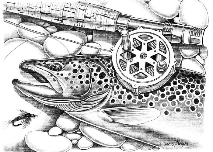 Jon Q Wright Greeting Card featuring the painting Brown Trout and Antique Reel by JQ Licensing