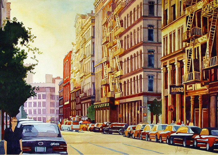 Watercolor Greeting Card featuring the painting Brownstone Sunset by Mick Williams