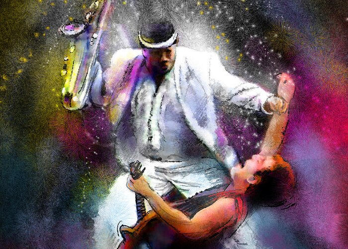 Bruce Springsteen Greeting Card featuring the painting Bruce Springsteen and Clarence Clemons by Miki De Goodaboom