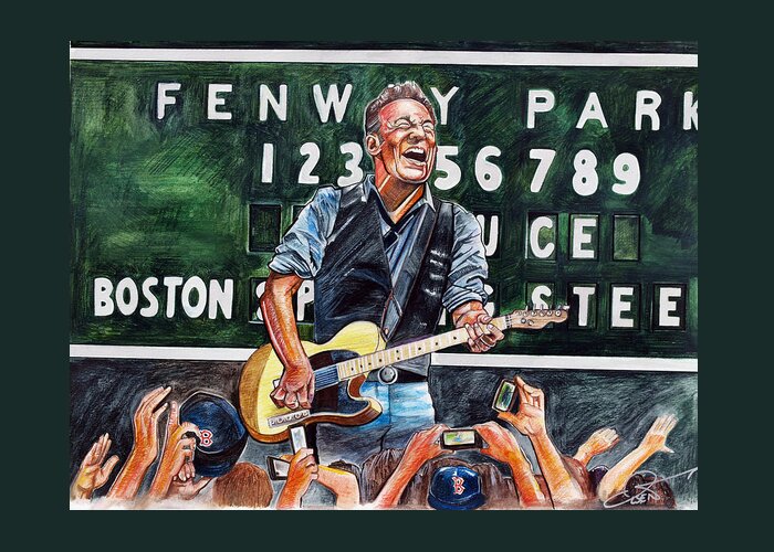 Bruce Springsteen Greeting Card featuring the drawing Bruce Springsteen at Fenway Park by Dave Olsen