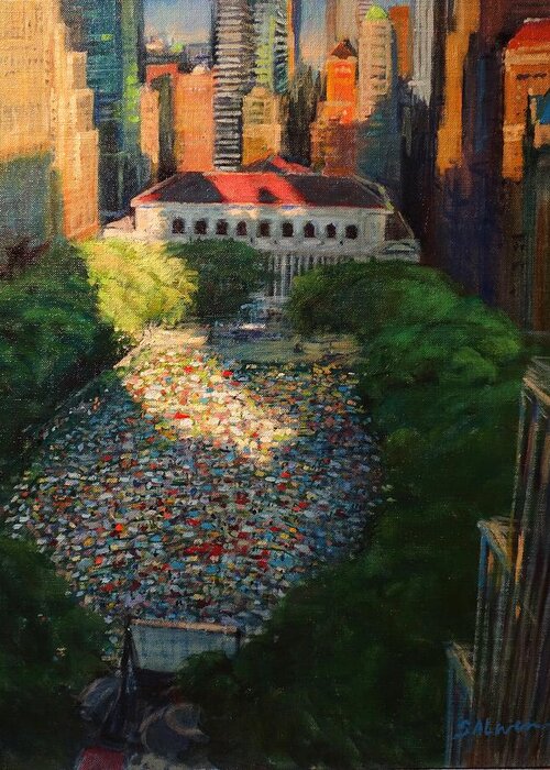 Landscape Greeting Card featuring the painting Bryant Park - Movie Night - The Crowd Gathers by Peter Salwen