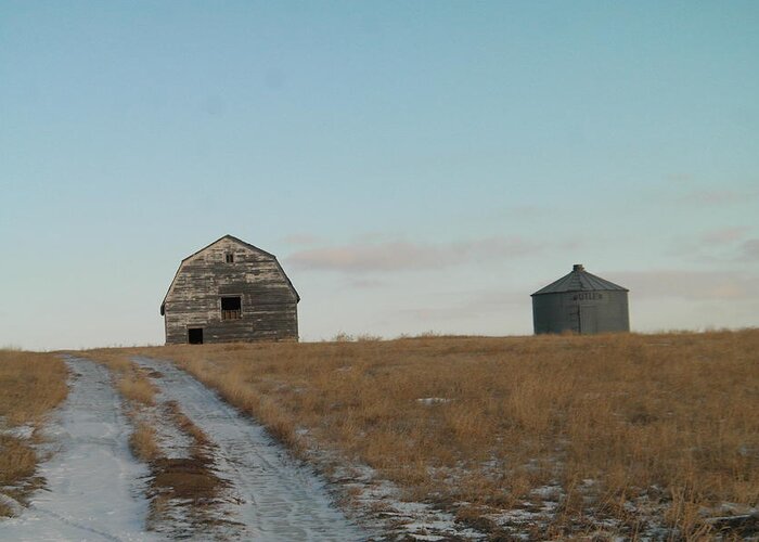 Barn Greeting Card featuring the photograph Barn and silo at the end of the road by Jeff Swan