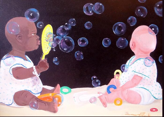 Oil Greeting Card featuring the painting Bubble Babbies by Susan Roberts