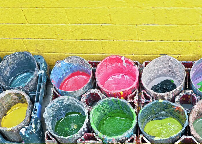 Bucket Greeting Card featuring the photograph Buckets Of Colored Paints And A Yellow by Travelif