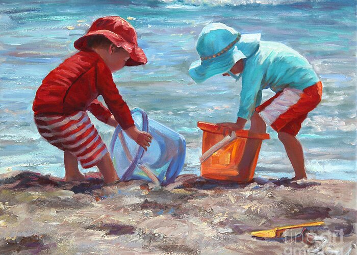  Seashore Greeting Card featuring the painting Buckets of Fun by Laurie Snow Hein