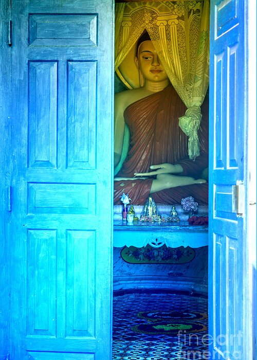 Buddha Greeting Card featuring the photograph Buddha Behind A Blue Door by Gina Koch