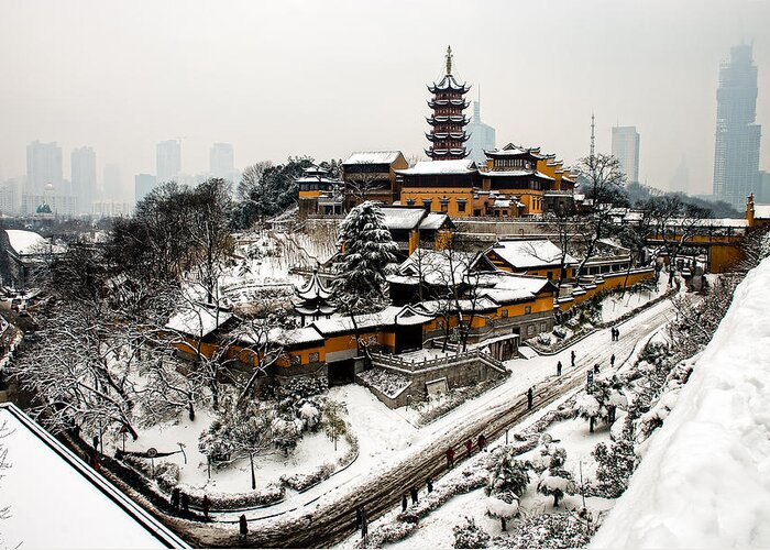 China Greeting Card featuring the photograph Buddha - Jiming Temple in the Snow - colour version by Dean Harte