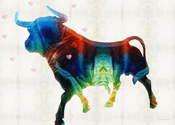 Cow Greeting Card featuring the painting Bull Art - Love A Bull 2 - By Sharon Cummings by Sharon Cummings