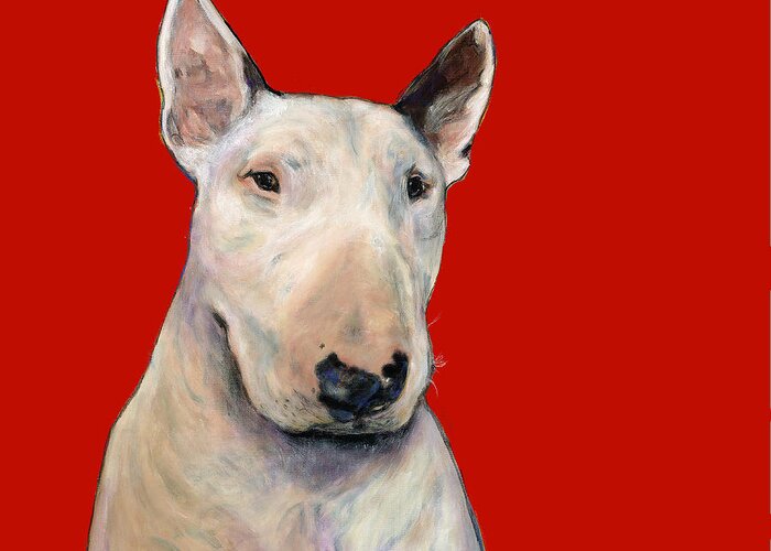 Dogs Greeting Card featuring the painting Bull Terrier On Red by Dale Moses