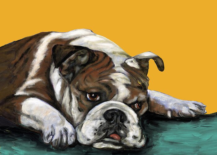 Bull Dog Greeting Card featuring the painting Bulldog On Yellow by Dale Moses