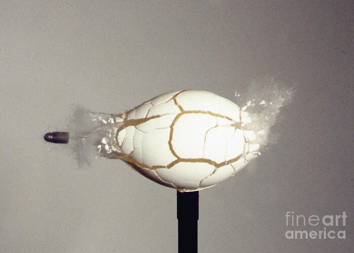 High Speed Photography Greeting Card featuring the photograph Bullet Piercing Egg by Gary S. Settles