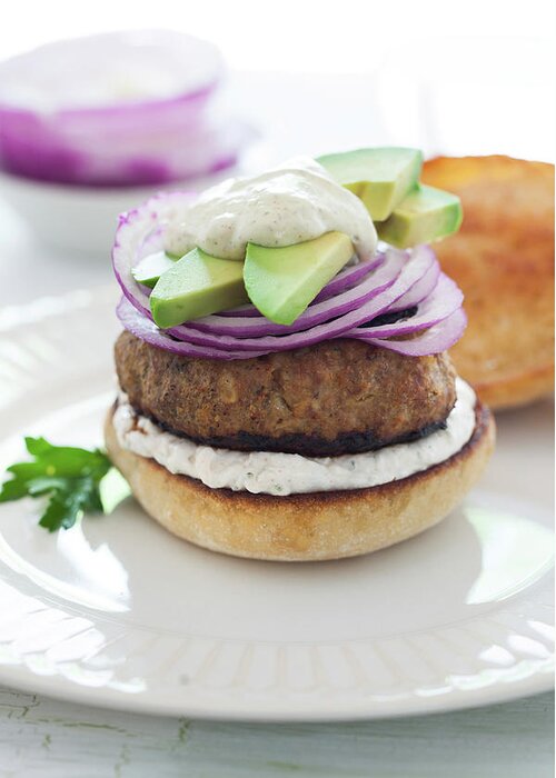 Newtown Greeting Card featuring the photograph Burger With Avocado And Onion by Yelena Strokin