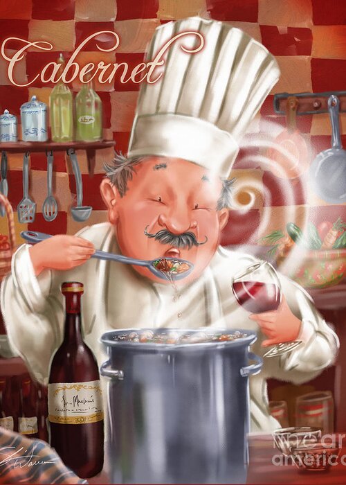 Waiter Greeting Card featuring the mixed media Busy Chef with Cabernet by Shari Warren
