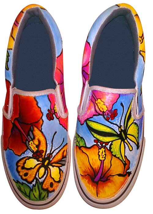 Butterfly Greeting Card featuring the painting Butterfly Hibiscus Custom Painted Shoes by Adam Johnson