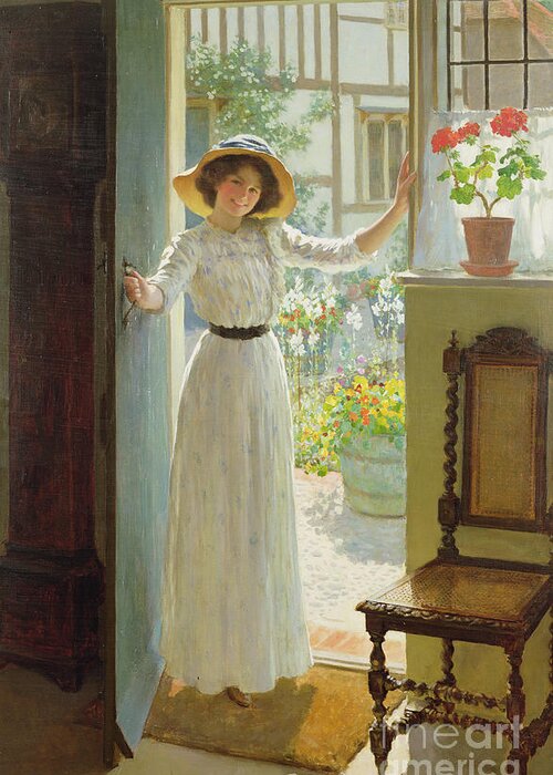 Door Greeting Card featuring the painting By the Cottage Door by William Henry Margetson