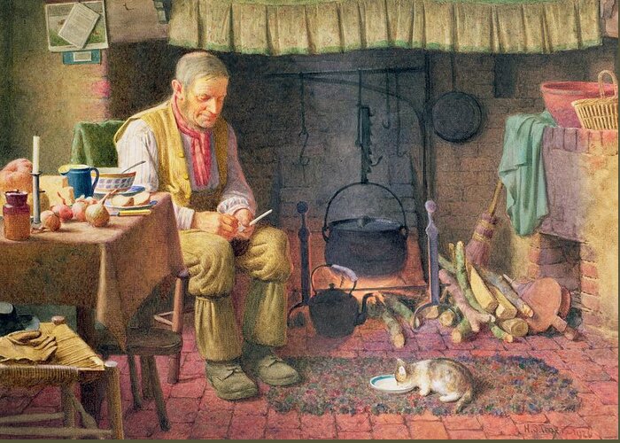 Kettle Greeting Card featuring the painting By The Fireside by Henry Spernon Tozer