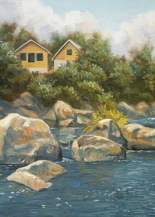 River Greeting Card featuring the painting By The River by Lucie Bilodeau
