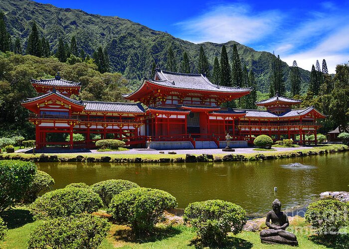 Byodo In Greeting Card featuring the photograph Byodo-In Temple on the Island of Oahu Hawaii by Aloha Art