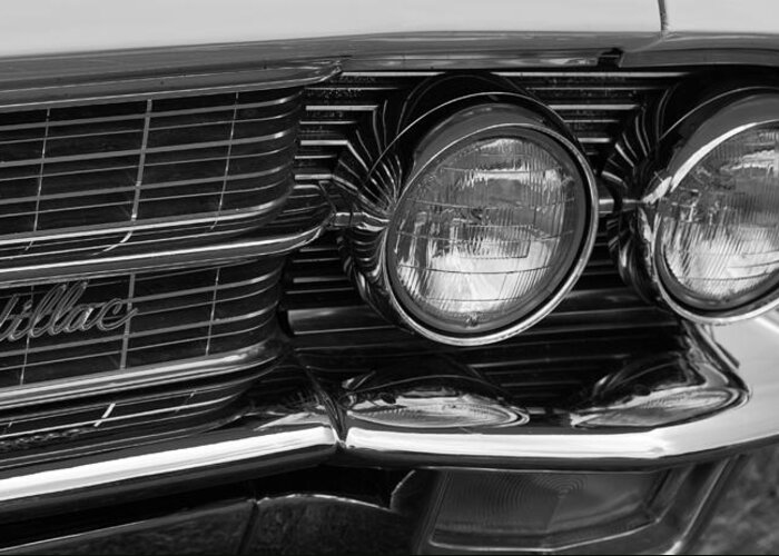 Custom Car Show Shine Classic Ford Blue Granum Alberta Canada Chrome Bumper Fender Detail American Automobile Antique Auto Black And White Greeting Card featuring the photograph Cadillac grill and lights B/W by Mick Flynn
