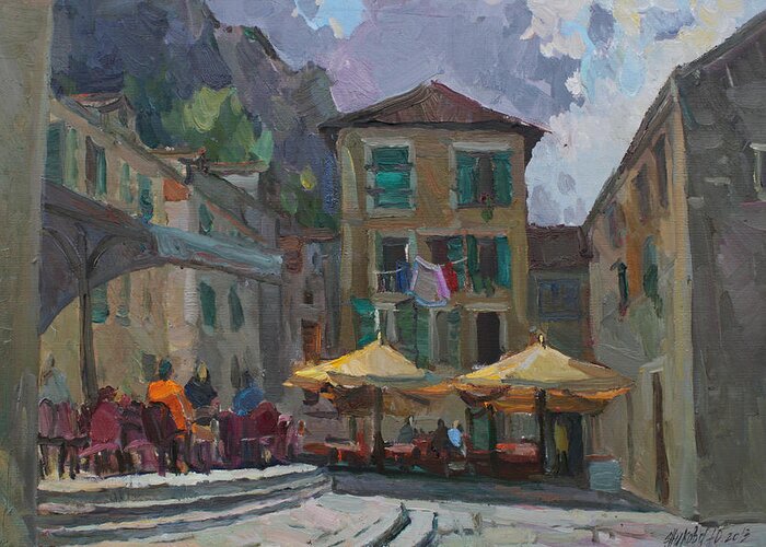 Montenegro Greeting Card featuring the painting Cafe in old city by Juliya Zhukova