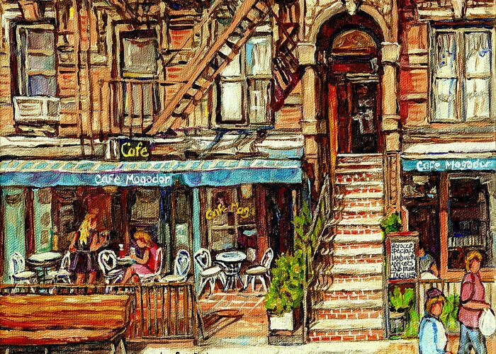 New York Greeting Card featuring the painting Cafe Mogador Moroccan Mediterranean Cuisine New York Paintings East Village Storefronts Street Scene by Carole Spandau