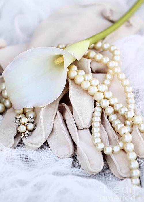 Elegance Greeting Card featuring the photograph Calla Lily with Pearls by Stephanie Frey