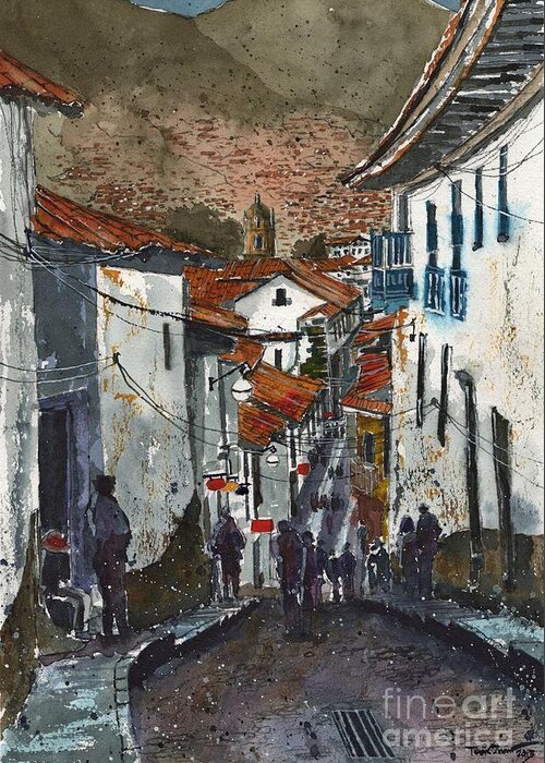 Cusco Greeting Card featuring the painting Calle Triunfo in Cusco Peru by Tim Oliver