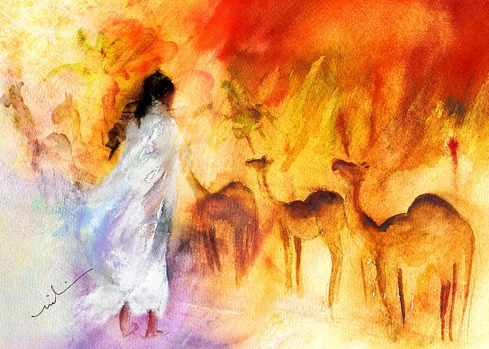 Travel Greeting Card featuring the painting Camels in Maspalomas by Miki De Goodaboom
