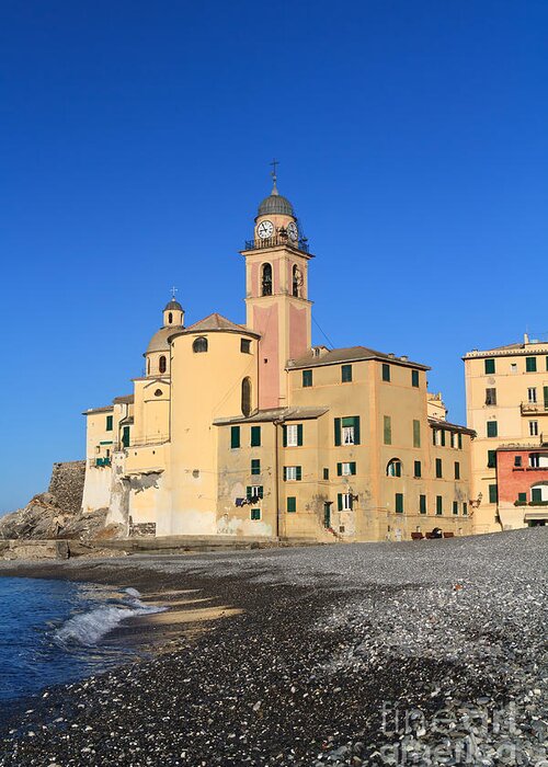 Ancient Greeting Card featuring the photograph Camogli seaside and church by Antonio Scarpi