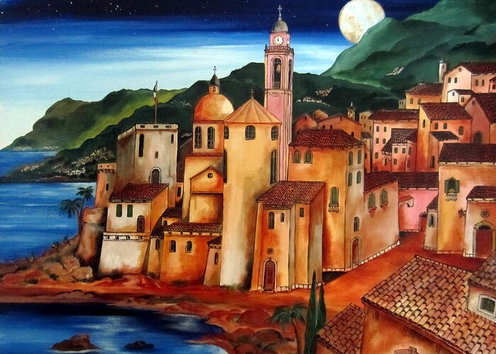 Landscape Greeting Card featuring the painting Camogli under the moon by Roberto Gagliardi