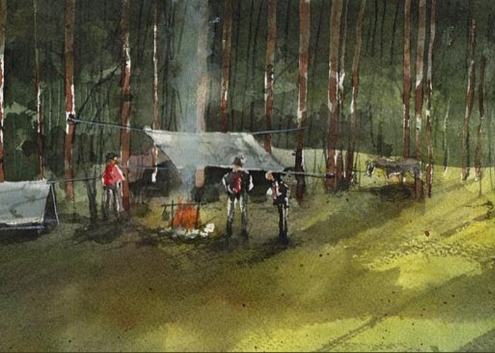  Greeting Card featuring the painting Campfire Conversation by Tim Oliver